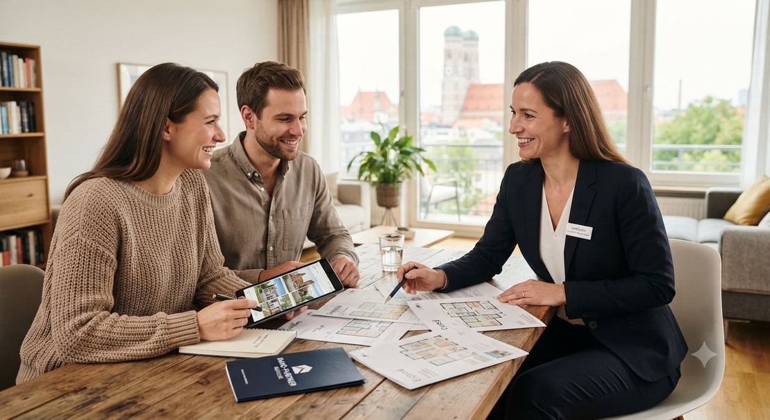 Beratungsgespräch zwischen Hausverwalter und Eigentümern